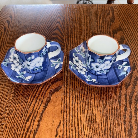 ASHIBI Porcelain Tea Cup Set, Blue and White Cherry Blossoms, Made In Japan - Picture 2 of 6